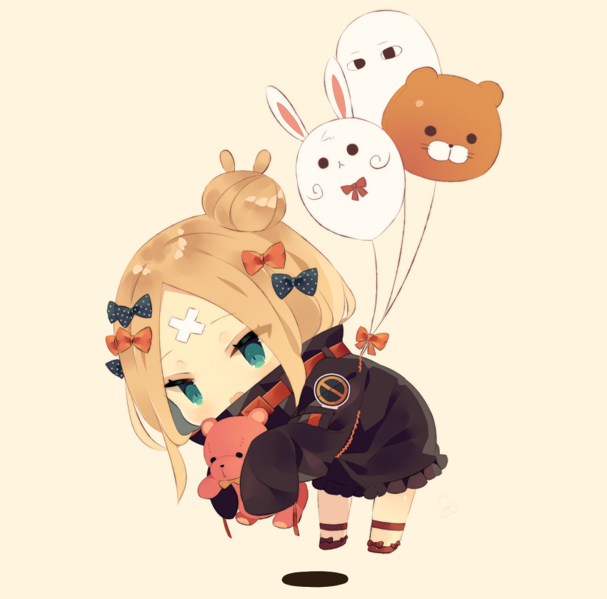 1girl abigail_williams_(fate/grand_order) balloon bangs black_bow black_jacket blonde_hair blue_eyes blush bow brown_background chibi crossed_bandaids eyebrows_visible_through_hair eyes_visible_through_hair fate/grand_order fate_(series) floating fou_(fate/grand_order) hair_bow hair_bun heroic_spirit_traveling_outfit highres holding holding_stuffed_animal jacket long_hair long_sleeves looking_at_viewer medjed mimo_lm multiple_hair_bows open_mouth orange_bow parted_bangs polka_dot polka_dot_bow red_footwear shadow shoes sleeves_past_fingers sleeves_past_wrists solo stuffed_animal stuffed_toy teddy_bear