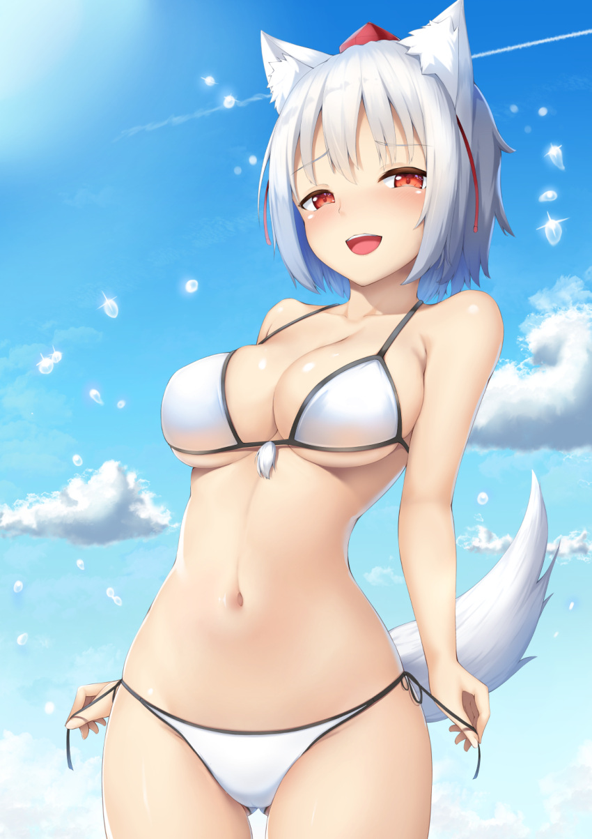 1girl :d animal_ear_fluff animal_ears ass_visible_through_thighs bangs bare_arms bare_shoulders bikini blue_sky blush breasts clouds collarbone commentary_request cowboy_shot day eyebrows_visible_through_hair groin halterneck hat highres inubashiri_momiji large_breasts looking_at_viewer navel nose_blush open_mouth outdoors red_eyes short_hair side-tie_bikini sidelocks silver_hair sky smile solo standing stomach swimsuit tail tassel tatsumiya_kagari tokin_hat touhou water_drop white_bikini wolf_ears wolf_tail
