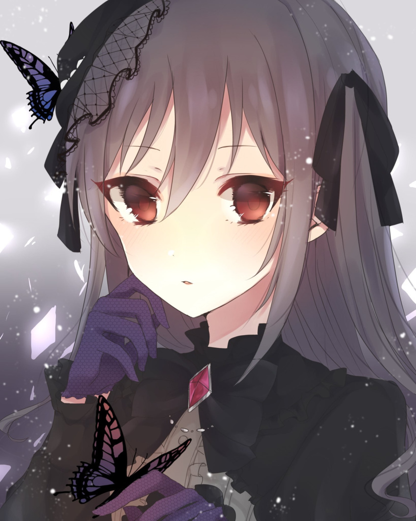 1girl black_ribbon brown_hair butterfly_on_hand butterfly_on_head gem gloves hair_between_eyes hair_ribbon highres idolmaster idolmaster_cinderella_girls idolmaster_cinderella_girls_starlight_stage kanzaki_ranko long_hair long_sleeves looking_at_viewer parted_lips ponytail purple_gloves red_eyes ribbon solo yo_(fu_kumask)