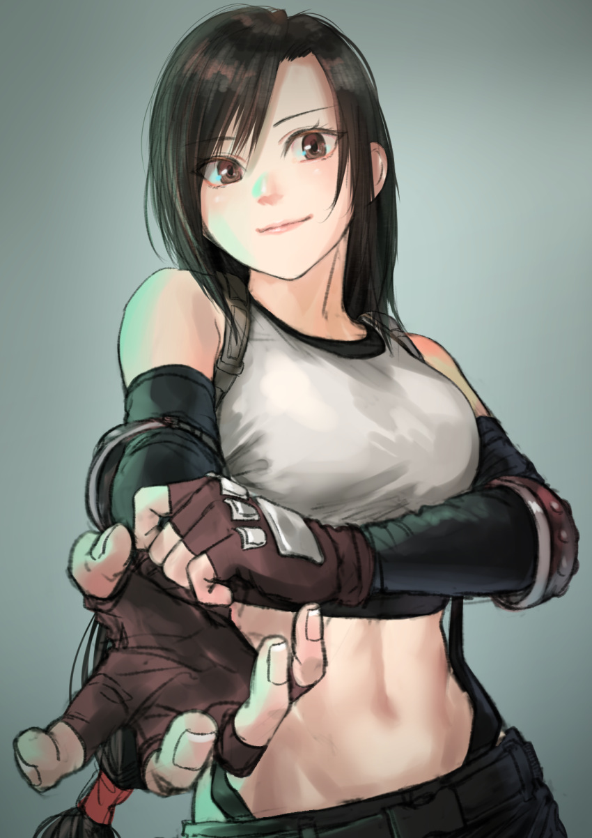 1girl adjusting_clothes adjusting_gloves bangs bare_shoulders black_skirt blush breasts closed_mouth earrings elbow_gloves elbow_pads final_fantasy final_fantasy_vii final_fantasy_vii_remake fingerless_gloves gloves highres jewelry kilye_4421 large_breasts long_hair looking_at_viewer low-tied_long_hair midriff miniskirt navel pencil_skirt shirt skirt smile solo suspender_skirt suspenders tank_top taut_clothes taut_shirt tifa_lockhart very_long_hair