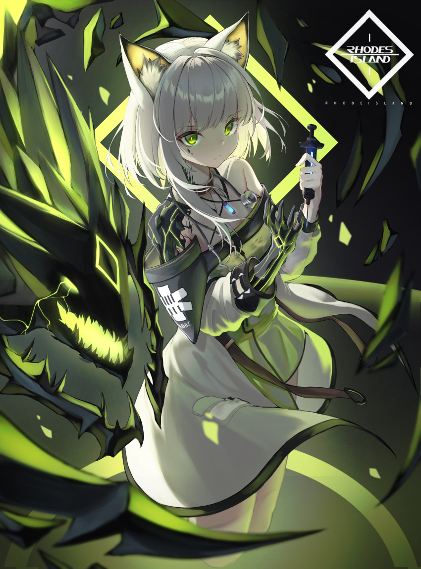 1girl absurdres animal_ear_fluff animal_ears arknights bangs bare_shoulders claws closed_mouth cowboy_shot detached_sleeves dress green_eyes highres holding holding_syringe kal'tsit looking_at_viewer ryu200136 short_hair short_hair_with_long_locks solo standing syringe white_dress white_hair