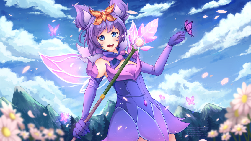 1girl animal_ears ardenlolo blush breasts bug butterfly clouds cloudy_sky commentary detached_sleeves dress elementalist english_commentary eyebrows_visible_through_hair flower gloves happy highres holding holding_staff insect league_of_legends looking_at_viewer luxanna_crownguard mountain mystic_elementalist_lux outdoors purple_gloves sky sleeveless sleeveless_dress small_breasts staff tree upper_teeth violet_eyes watermark web_address white_flower wings