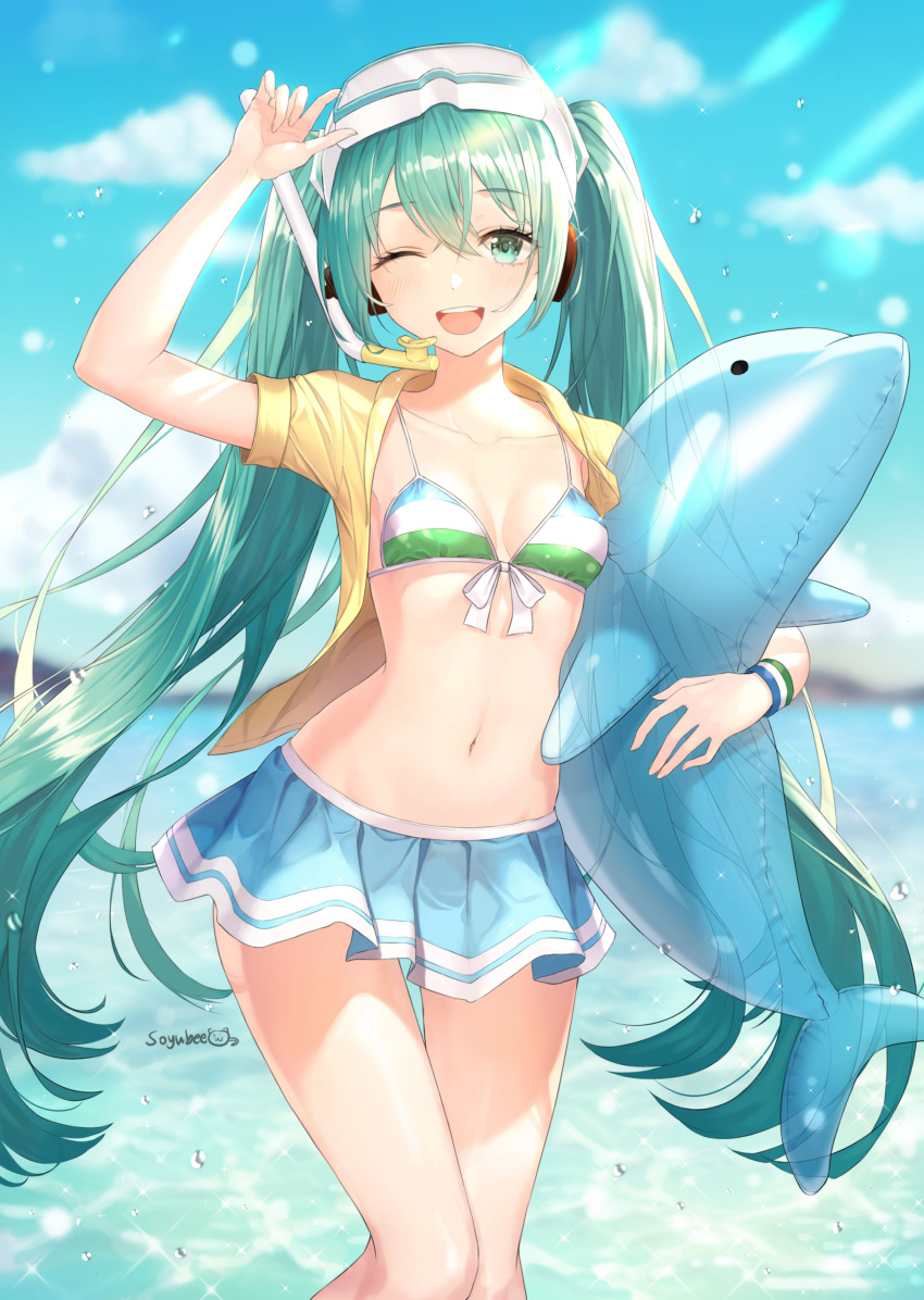 1girl ;d absurdres aqua_eyes aqua_hair arm_up artist_name bikini_skirt blue_skirt blue_sky blurry breasts clouds collarbone day depth_of_field front-tie_bikini front-tie_top goggles goggles_on_head hatsune_miku highres inflatable_toy long_hair looking_at_viewer miniskirt navel one_eye_closed open_clothes open_mouth open_shirt outdoors shirt skirt sky small_breasts smile snorkel solo soyubee standing stomach striped_bikini_top sunlight thighs twintails very_long_hair vocaloid water wristband yellow_shirt