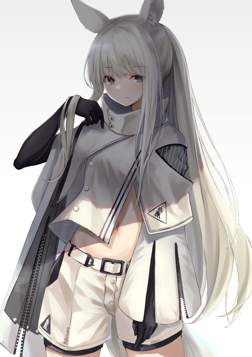 1girl animal_ear_fluff animal_ears arknights belt black_gloves brown_eyes buttons cowboy_shot elbow_gloves gloves gradient gradient_background hand_up highres jacket knoy3356 long_hair looking_at_viewer midriff navel parted_lips platinum_(arknights) ponytail short_shorts shorts silver_hair solo standing stomach very_long_hair white_background white_jacket white_shorts zipper