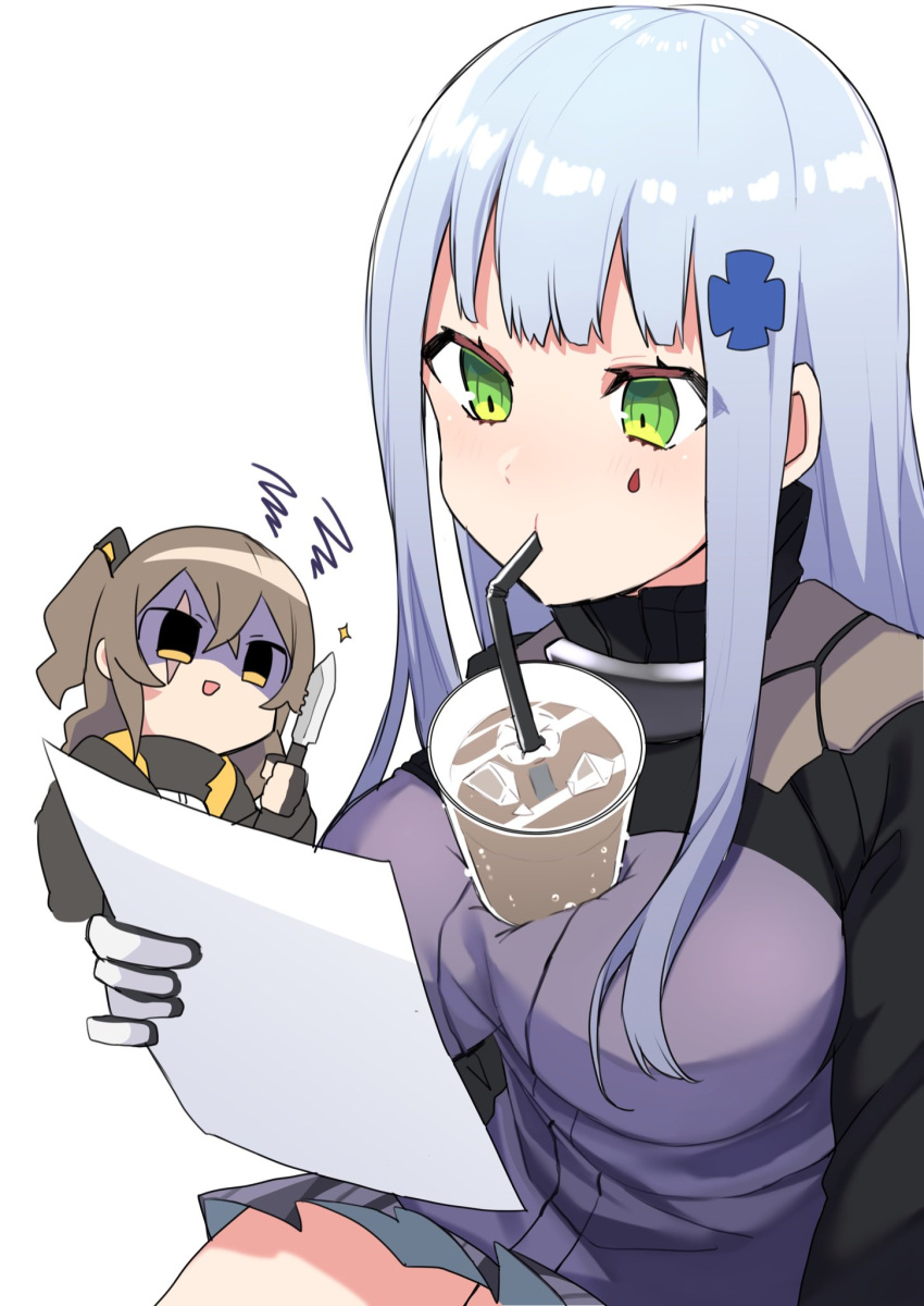 2girls bangs breasts brown_hair commentary_request cup disposable_cup drinking drinking_straw facial_mark girls_frontline girusyu1945 gloves green_eyes highres hk416_(girls_frontline) holding holding_knife holding_paper jacket knife large_breasts long_hair multiple_girls paper scar scar_across_eye sidelocks silver_hair simple_background tawawa_challenge ump45_(girls_frontline) white_background