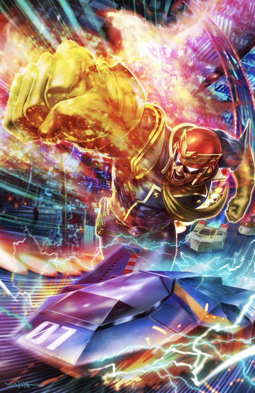 1boy absurdres blue_falcon captain_falcon car electricity f-zero falcon_punch fire gloves ground_vehicle helmet highres male_focus motor_vehicle muscle open_mouth punching scar solo vehicle yasukuni_kazumasa