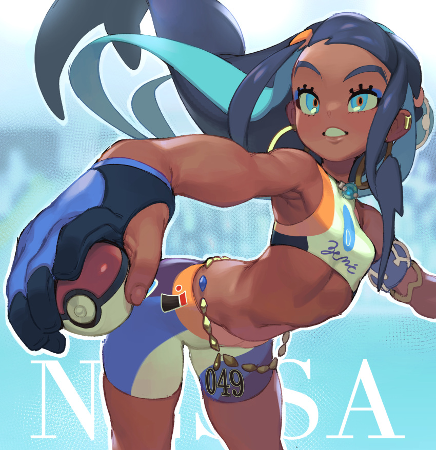 1girl armlet armpits bent_over blue_eyes blue_hair breasts character_name cowboy_shot crop_top dark_skin earrings eyeshadow foreshortening glo-s-s gloves highres holding holding_poke_ball hoop_earrings jewelry long_hair makeup midriff multicolored_hair multiple_earrings navel parted_lips partly_fingerless_gloves poke_ball poke_ball_(generic) pokemon pokemon_(game) pokemon_swsh rurina_(pokemon) shorts sidelocks small_breasts smile solo thighs two-tone_hair