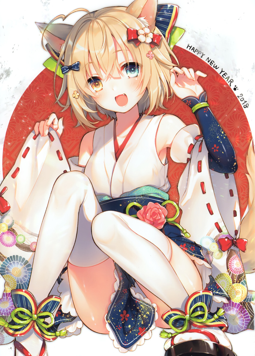 1girl 2018 :d absurdres ahoge animal_ears arm_up bangs black_footwear blue_skirt blush bow chinese_zodiac collarbone detached_sleeves dog_ears eyebrows_visible_through_hair fang fingernails flower hair_between_eyes hair_bow happy_new_year head_tilt heterochromia highres japanese_clothes kimono kimono_skirt light_brown_hair long_sleeves looking_at_viewer new_year obi open_mouth original pinching_sleeves pink_flower red_ribbon ribbon ribbon-trimmed_sleeves ribbon_trim sandals sash scan short_hair sitting skirt sleeveless sleeveless_kimono smile socks thigh-highs toosaka_asagi white_kimono white_legwear wide_sleeves year_of_the_dog zouri