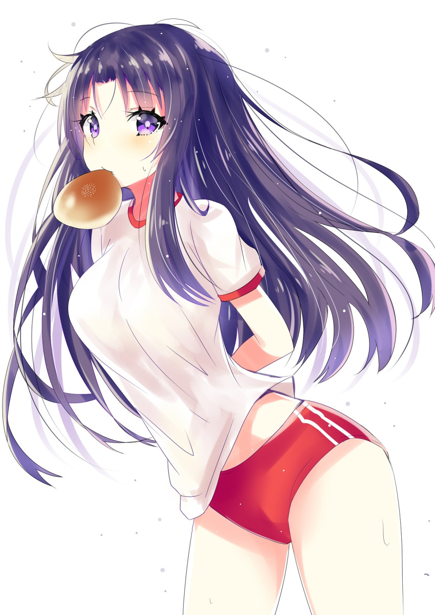 1girl arms_behind_back bangs blush bread bread_eating_race buruma commentary_request cowboy_shot eyebrows_visible_through_hair food food_in_mouth gym_shirt gym_uniform highres hizaka kawana_misaki leaning_forward long_hair mouth_hold one puffy_short_sleeves puffy_sleeves purple_hair red_buruma shirt short_sleeves simple_background solo sweat very_long_hair violet_eyes white_background white_shirt