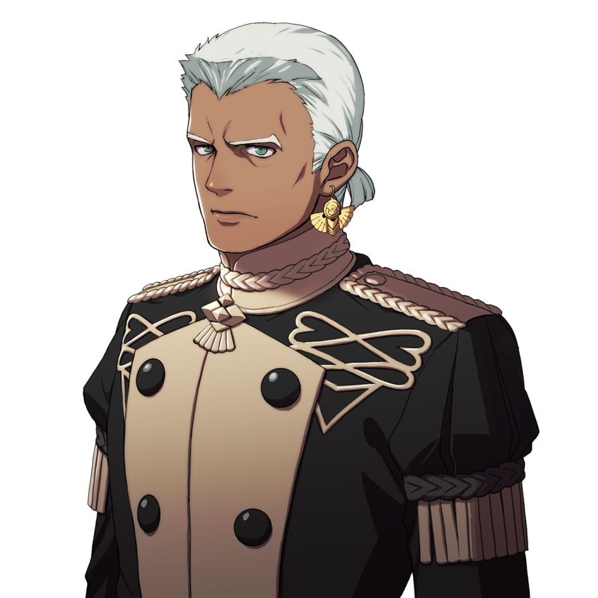 1boy dark_skin dedue_molinaro earrings epaulettes fire_emblem fire_emblem:_three_houses green_eyes grey_hair highres jewelry kurahana_chinatsu male_focus military military_uniform official_art transparent_background uniform