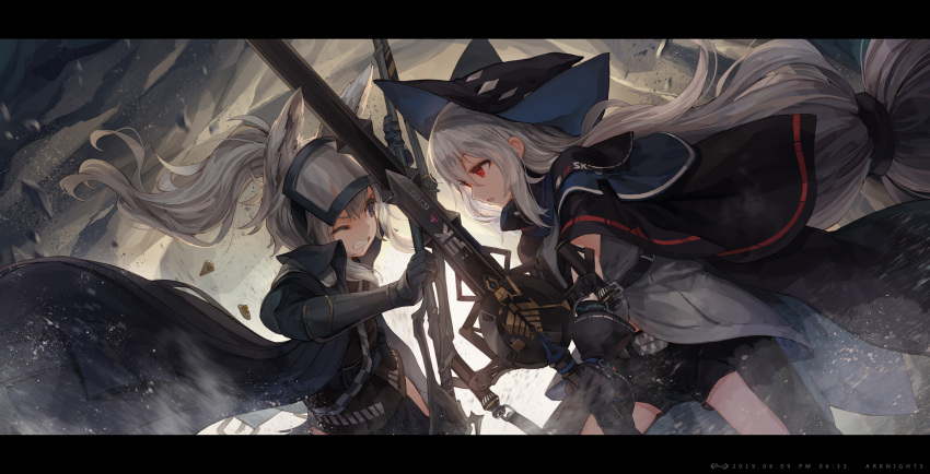 2girls animal_ear_fluff animal_ears arknights asicah bangs battle belt black_belt black_capelet black_gloves black_headwear black_jacket black_shirt black_shorts capelet clenched_teeth commentary copyright_name dated eye_contact gloves goggles goggles_on_head grani_(arknights) grey_hair hair_between_eyes hat high_ponytail highres holding holding_sword holding_weapon jacket letterboxed long_hair long_sleeves looking_at_another low-tied_long_hair multiple_girls parted_lips photoshop_(medium) ponytail purple_eyes red_eyes shirt short_shorts short_sleeves shorts skadi_(arknights) studded_belt sword teeth two-handed v-shaped_eyebrows vambraces very_long_hair weapon