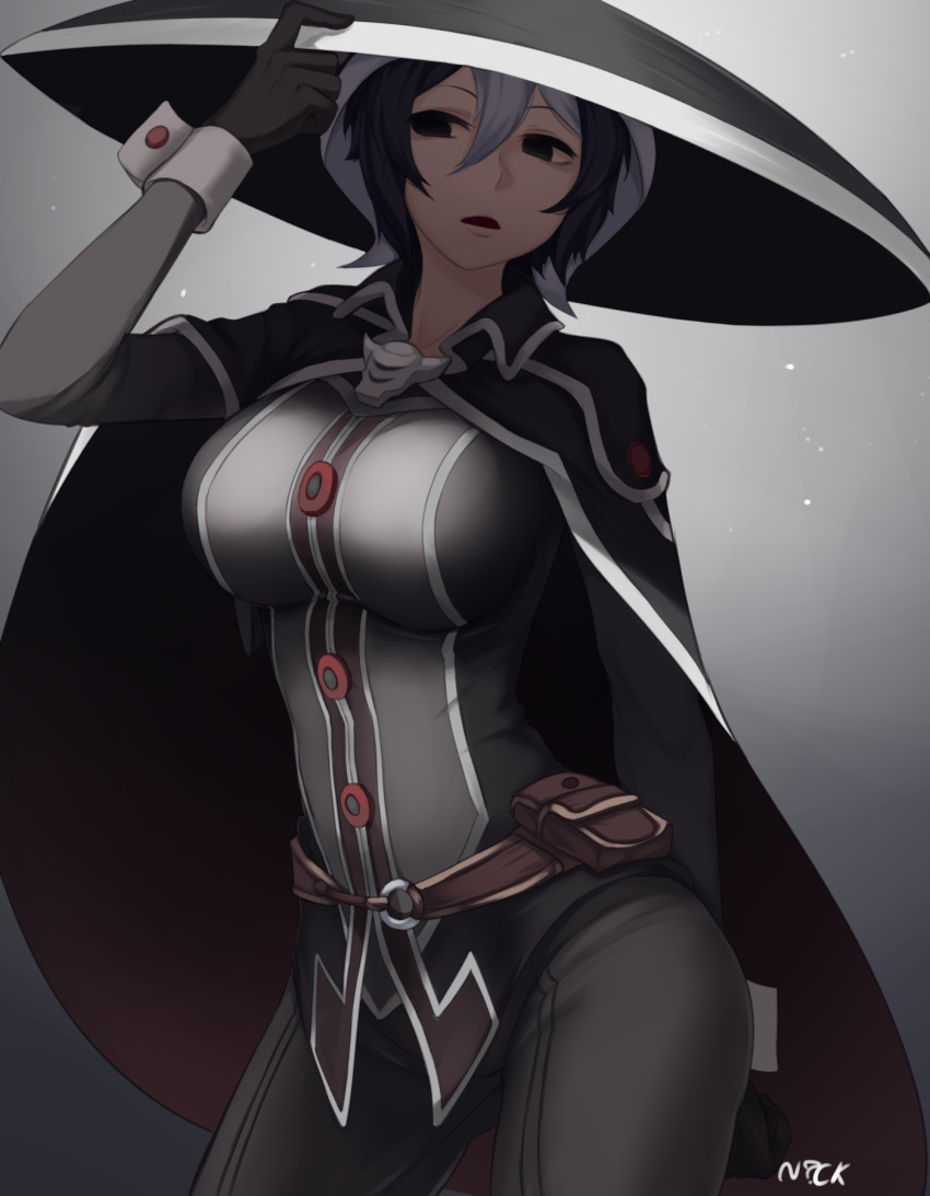 1girl artist_name bangs belt belt_pouch black_cape black_eyes black_gloves black_hair breasts cape commentary contrapposto cowboy_shot english_commentary gloves gradient gradient_background grey_hair hair_between_eyes hand_on_headwear highres large_breasts made_in_abyss multicolored_hair nickniceth no_pupils o-ring open_mouth ozen pouch short_hair simple_background solo streaked_hair two-tone_hair wrist_cuffs