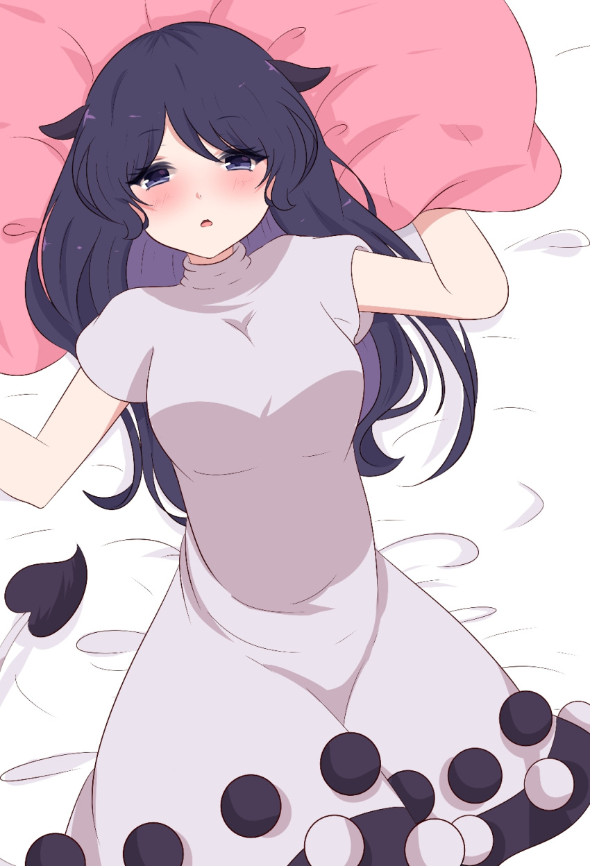 1girl animal_ears arms_up bangs bed_sheet blue_eyes blue_hair blush breasts commentary cowboy_shot doremy_sweet dress eyebrows_visible_through_hair highres long_hair looking_at_viewer lying medium_breasts no_hat no_headwear on_back parted_lips pillow pom_pom_(clothes) short_sleeves solo tail tapir_ears tapir_tail touhou white_dress yukome