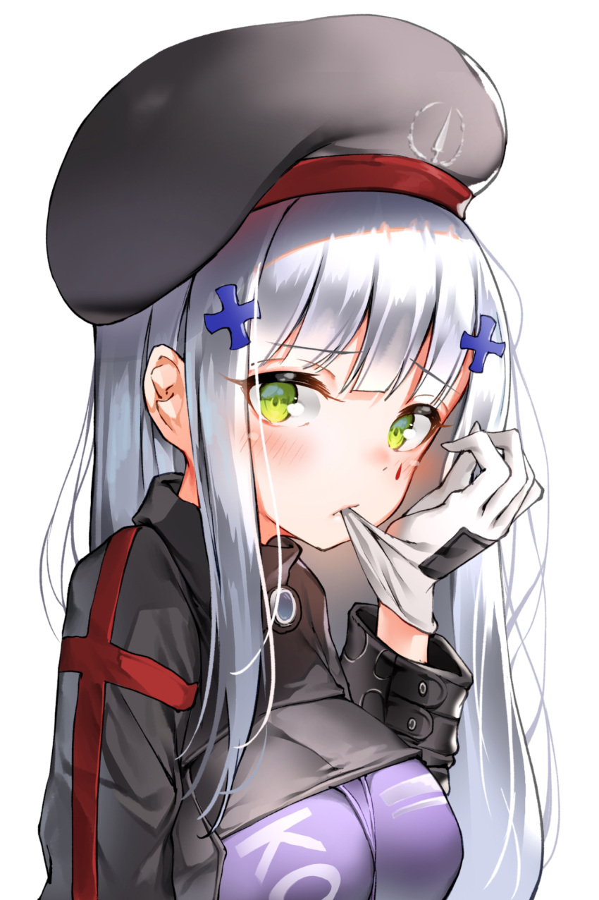 1girl bangs beret biting black_headwear black_jacket blush breasts closed_mouth commentary eyebrows_visible_through_hair facial_mark girls_frontline glove_biting gloves green_eyes hair_ornament hat highres hk416_(girls_frontline) jacket large_breasts lee_seok_ho long_hair looking_at_viewer silver_hair simple_background solo tilted_headwear upper_body white_background white_gloves