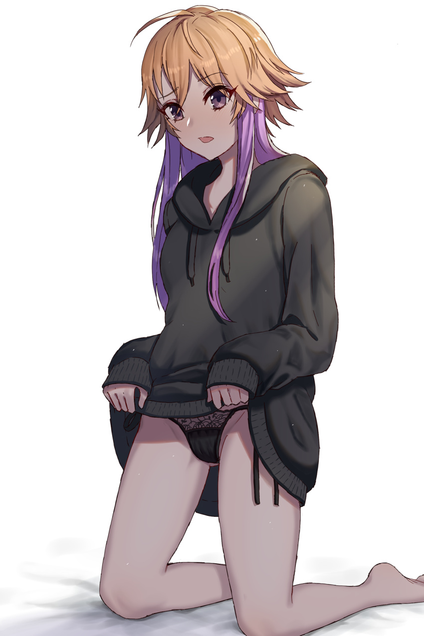 1girl ahoge ass_visible_through_thighs barefoot black_panties black_sweater blonde_hair brown_eyes clothes_lift dress eyebrows_visible_through_hair groin hair_between_eyes highres hood hooded_sweater idolmaster idolmaster_cinderella_girls kneeling lifted_by_self long_hair multicolored_hair ninomiya_asuka open_mouth panties pink_hair rerere shiny shiny_hair side-tie_panties simple_background solo sweater sweater_dress sweater_lift two-tone_hair underwear white_background