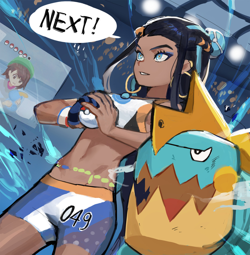 1girl battle bike_shorts black_hair blue_eyes blue_hair dark_skin drednaw earrings english_text female_protagonist_(pokemon_swsh) gym_leader hair_ornament highres hood_(james_x) hoop_earrings jewelry midriff multicolored_hair navel pokemon pokemon_(game) pokemon_swsh rurina_(pokemon) sobble speech_bubble sports_bra stadium text_focus