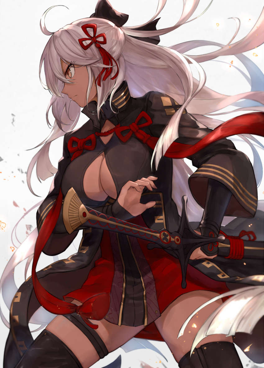 1girl ahoge bow breasts center_opening dark_skin fate/grand_order fate_(series) hair_bow highres katana kou_v05first large_breasts long_hair okita_souji_(alter)_(fate) okita_souji_(fate)_(all) sheath sword tassel thigh-highs very_long_hair weapon white_hair