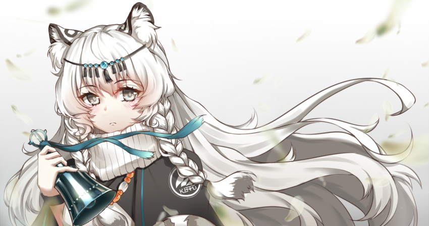 1girl animal_ear_fluff animal_ears arknights bangs bell black_capelet blurry blurry_background blush braid capelet closed_mouth commentary_request depth_of_field eyebrows_visible_through_hair floating_hair grey_eyes hair_between_eyes hair_ornament hand_up highres holding holding_bell light_frown long_hair looking_at_viewer pramanix_(arknights) side_braids solo turtleneck twin_braids upper_body very_long_hair white_hair yiyu_qing_mang