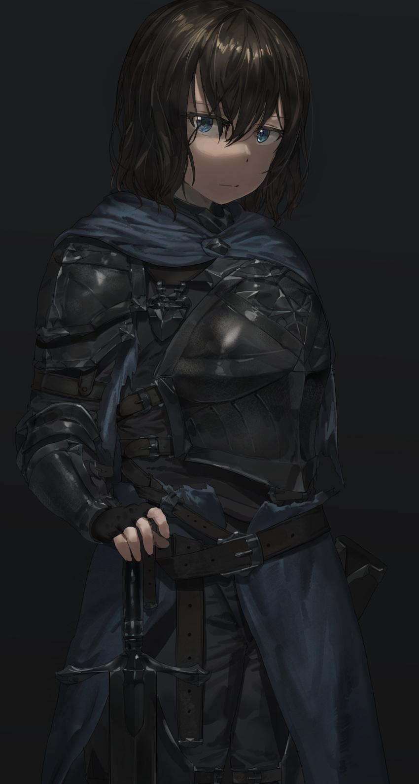 1girl absurdres armor belt black_background black_gloves black_hair blue_cape blue_eyes cape closed_mouth eyebrows fingerless_gloves gloves gradient gradient_background hand_on_hilt highres looking_at_viewer medium_hair original simple_background solo sword weapon yohan1754