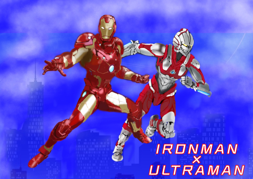 2boys absurdres armor blue_background blue_eyes city cityscape clouds cloudy_sky crossover eqbal_lynx full_armor gauntlets glowing glowing_eyes helmet highres iron_man male_focus marvel mask multiple_boys power_armor sky superhero tagme ultra_series ultraman ultraman_(hero's_comics) ultraman_suit weapon white_eyes