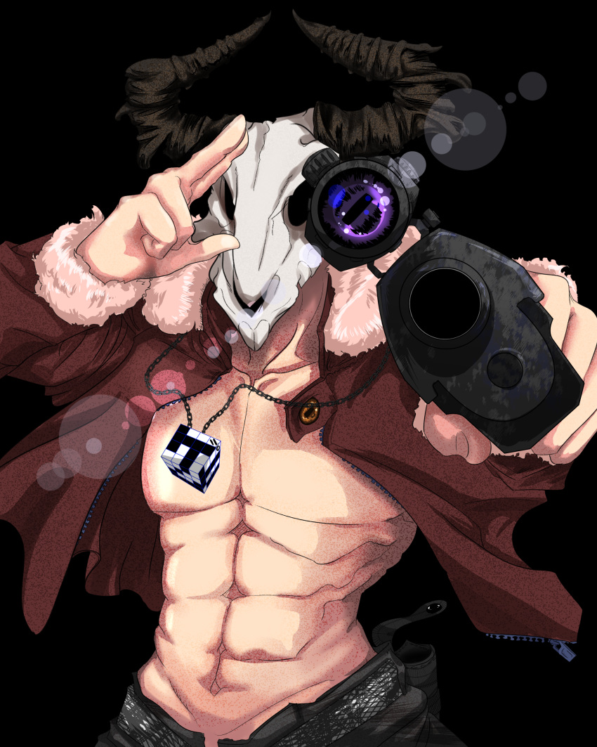 1boy abs absurdres bad_anatomy belt black_background black_pants facing_viewer foreshortening fur_trim gun hand_up highres horns jacket jewelry kekerebene male_focus mask muscle navel necklace open_clothes original pants red_jacket skull_mask solo standing weapon