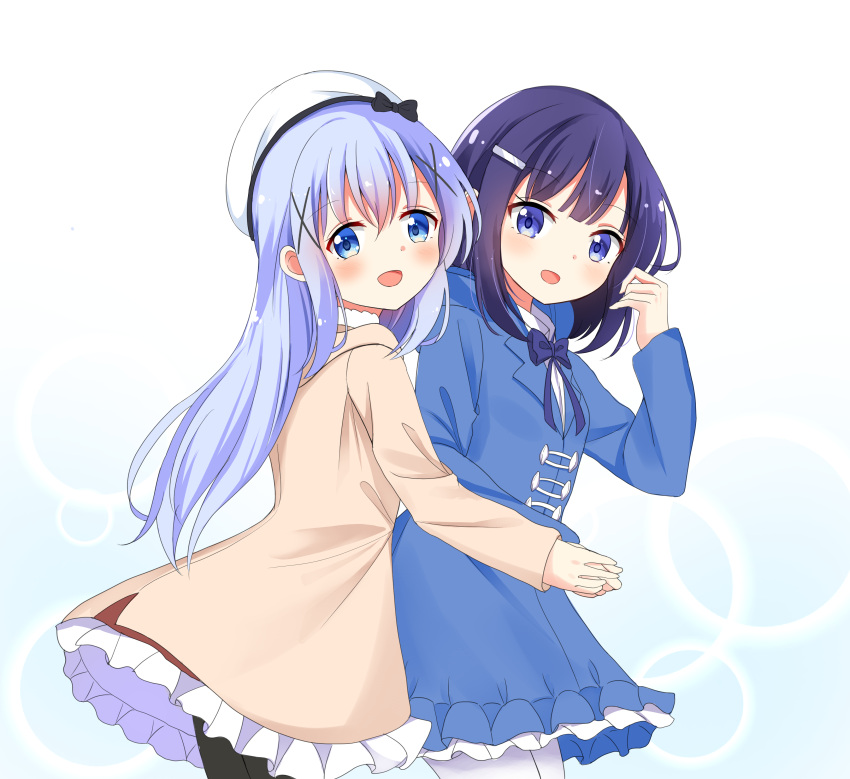 2girls :d absurdres bangs beret black_bow black_legwear blue_coat blue_eyes blue_hair blush bow brown_coat character_request coat commentary_request eyebrows_visible_through_hair frills gochuumon_wa_usagi_desu_ka? hair_between_eyes hair_ornament hairclip hand_up hat highres kafuu_chino kousaka_nobaku long_hair long_sleeves looking_at_viewer looking_to_the_side multiple_girls open_mouth pantyhose purple_bow purple_hair smile very_long_hair violet_eyes white_headwear white_legwear x_hair_ornament