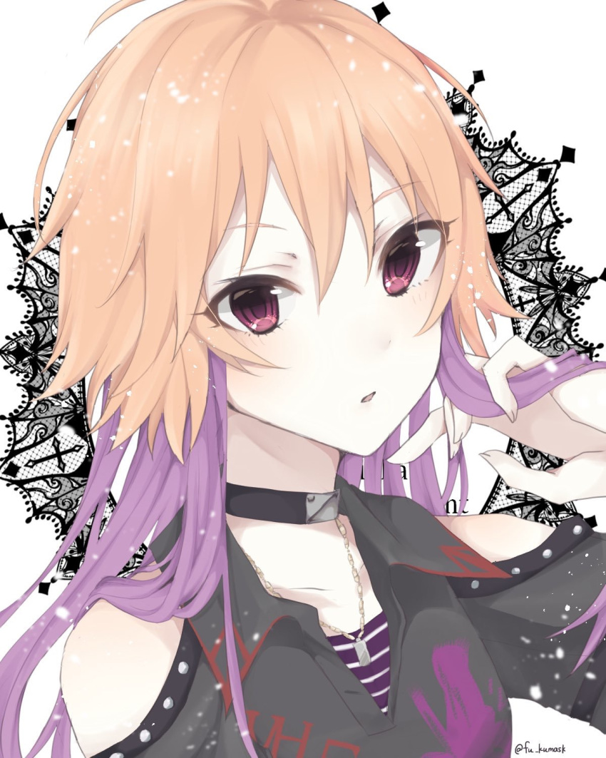 1girl blonde_hair collar collarbone hair_between_eyes highres holding holding_hair idolmaster idolmaster_cinderella_girls idolmaster_cinderella_girls_starlight_stage jewelry long_hair looking_at_viewer multicolored_hair necklace ninomiya_asuka open_mouth portrait purple_hair purple_shirt red_eyes shirt shoulder_cutout solo striped striped_shirt two-tone_hair white_background wing_collar yo_(fu_kumask)