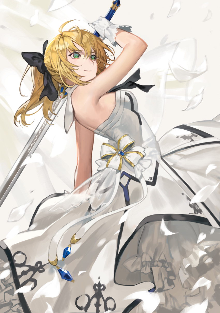 1girl absurdres ahoge artoria_pendragon_(all) black_bow black_ribbon blonde_hair bow breasts chyoel closed_mouth dress excalibur eyebrows_visible_through_hair fate/unlimited_codes fate_(series) floating_hair gloves green_eyes hair_between_eyes hair_bow highres holding holding_sword holding_weapon layered_dress long_dress long_hair neck_ribbon ponytail print_dress ribbon saber_lily shiny shiny_hair sideboob sleeveless sleeveless_dress small_breasts smile solo standing strapless strapless_dress sword weapon white_dress white_gloves