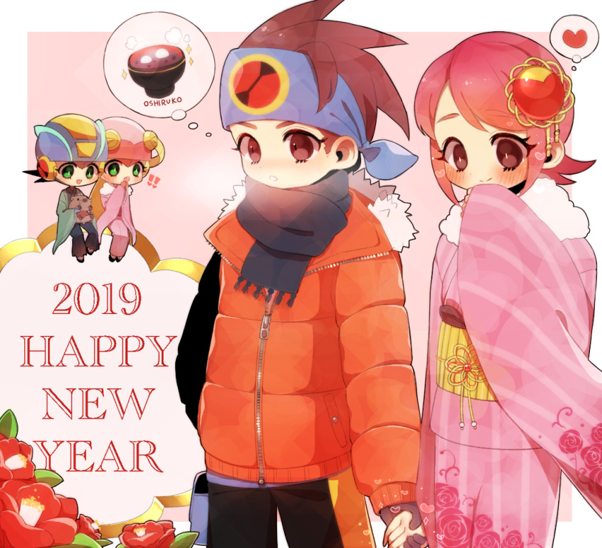 2019 2boys 2girls blush brown_eyes brown_hair capcom flower green_eyes hair_ornament happy_new_year headband heart helmet hikari_netto japanese_clothes kimono multiple_boys multiple_girls netnavi new_year obi pink_hair rockman rockman_exe rockman_exe_(character) roll_exe sakurai_meiru sash scarf short_hair smile thought_bubble uru-arrow wide_sleeves