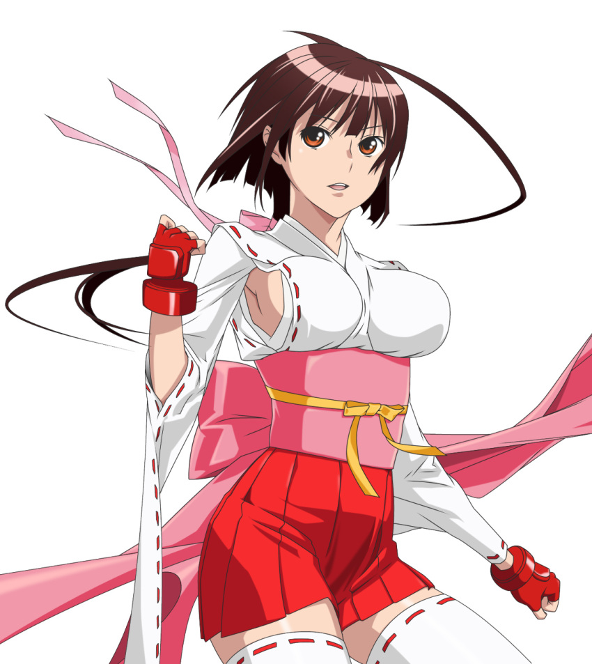 1girl :d ahoge breasts brown_hair cowboy_shot fingerless_gloves floating_hair gloves hair_ribbon highres japanese_clothes kimono long_hair long_sleeves looking_at_viewer medium_breasts miniskirt musubi obi open_mouth orange_eyes pink_ribbon pleated_skirt ponytail red_gloves red_skirt ribbon ribbon-trimmed_legwear ribbon-trimmed_sleeves ribbon_trim sash sekirei shiny shiny_hair sideboob simple_background skirt smile smile_(rz) solo standing thigh-highs white_background white_kimono white_legwear wide_sleeves yellow_ribbon zettai_ryouiki