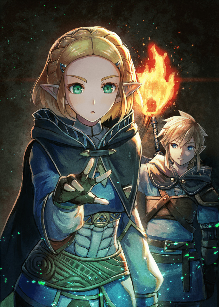 1boy 1girl armor bangs blonde_hair blue_eyes braid cape crown_braid earrings fire gloves hair_ornament hairclip highres jewelry kuroi_susumu link long_hair open_mouth parted_bangs pointy_ears ponytail princess_zelda short_hair the_legend_of_zelda the_legend_of_zelda:_breath_of_the_wild_2 thick_eyebrows upper_body upper_teeth