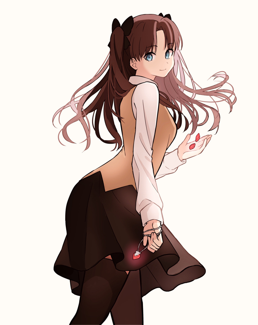1girl absurdres black_bow black_legwear black_skirt blue_eyes bow brown_hair closed_mouth cowboy_shot eyebrows_visible_through_hair fate/stay_night fate_(series) floating_hair from_side hair_bow heart heart_necklace highres holding_necklace homurahara_academy_uniform long_hair long_sleeves looking_at_viewer lq_saku medium_skirt shirt simple_background skirt smile solo standing thigh-highs toosaka_rin twintails white_background white_shirt