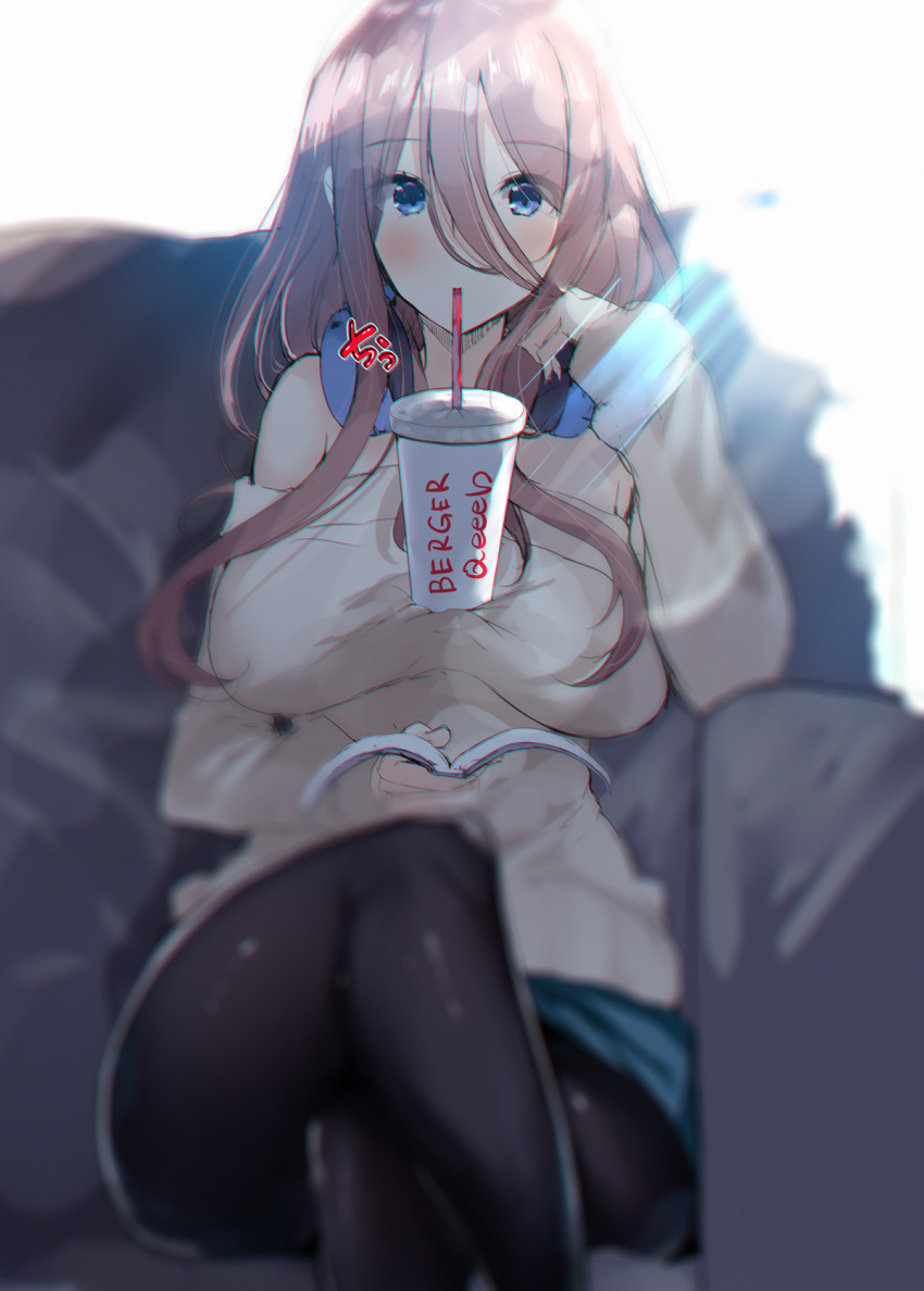 1girl backlighting bangs bare_shoulders black_legwear blue_eyes blue_skirt blurry blurry_background blurry_foreground blush book brand_name_imitation breasts brown_hair brown_shirt closed_mouth commentary_request cup depth_of_field disposable_cup drinking drinking_straw eyebrows_visible_through_hair go-toubun_no_hanayome hair_between_eyes headphones headphones_around_neck highres holding holding_book large_breasts long_hair looking_at_viewer nakano_miku noto_kurumi off-shoulder_shirt off_shoulder open_book pantyhose shirt sitting sketch skirt solo tawawa_challenge white_background