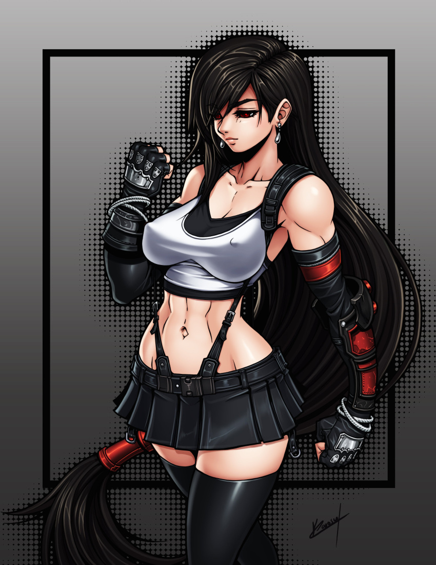 1girl abs absurdres arm_guards armpits black_hair black_legwear black_skirt breasts clenched_hand collarbone covered_nipples crop_top earrings elbow_gloves final_fantasy final_fantasy_vii final_fantasy_vii_remake fingerless_gloves gloves highres jewelry karosu_maker long_hair looking_down low-tied_long_hair navel pleated_skirt red_eyes skirt solo stomach suspenders tank_top thigh-highs tifa_lockhart toned undershirt