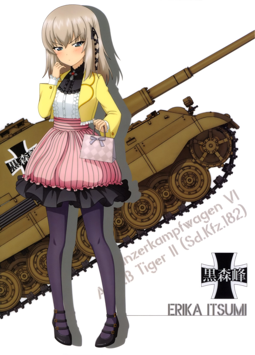 1girl absurdres bag bangs black_footwear black_ribbon blue_eyes blue_legwear blush character_name dress_shirt eyebrows_visible_through_hair full_body girls_und_panzer ground_vehicle hair_ribbon handbag highres holding holding_bag itsumi_erika jacket long_hair long_sleeves looking_at_viewer military military_vehicle miniskirt motor_vehicle open_clothes open_jacket pantyhose pink_skirt ribbon shirt silver_hair skirt solo striped tank tiger_ii vertical-striped_skirt vertical_stripes white_background white_jacket