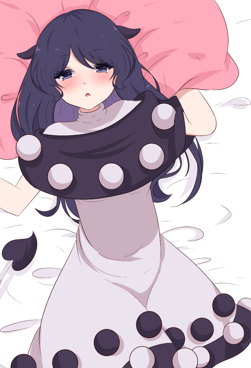 1girl animal_ears arms_up bangs bed_sheet black_capelet blue_eyes blue_hair blush capelet commentary cowboy_shot doremy_sweet dress eyebrows_visible_through_hair highres long_hair looking_at_viewer lying no_hat no_headwear on_back parted_lips pillow pom_pom_(clothes) solo tail tapir_ears tapir_tail touhou white_dress yukome