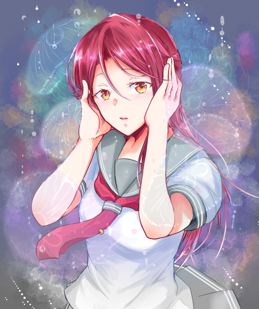 1girl absurdres eyebrows_visible_through_hair floating_hair grey_sailor_collar grey_skirt hair_between_eyes hands_on_own_face highres hzk long_hair looking_at_viewer love_live! love_live!_sunshine!! miniskirt neckerchief open_mouth pleated_skirt red_neckwear redhead sailor_collar sakurauchi_riko school_uniform serafuku shiny shiny_hair shirt short_sleeves skirt solo standing upper_body white_shirt yellow_eyes