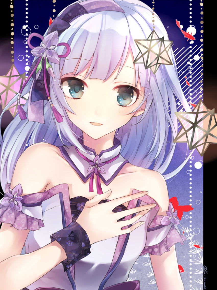 1girl :d arm_strap blue_eyes choker collarbone dress eyebrows_visible_through_hair hair_ribbon highres idolmaster idolmaster_million_live! idolmaster_million_live!_theater_days long_hair looking_at_viewer neck_ribbon open_mouth purple_ribbon ribbon shiraishi_tsumugi silver_hair sleeveless sleeveless_dress smile solo strapless strapless_dress upper_body white_dress wrist_cuffs yo_(fu_kumask)