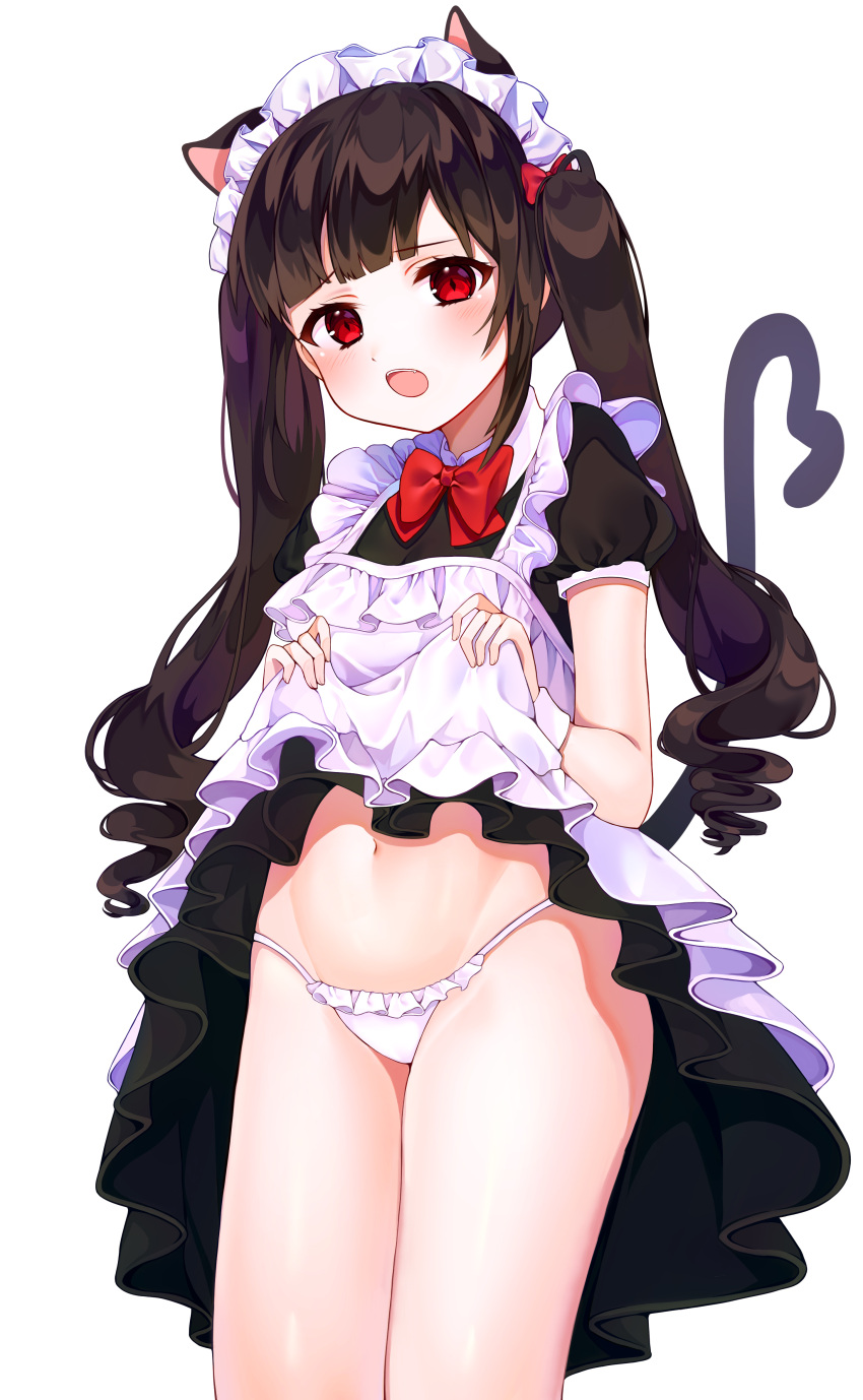 1girl :o absurdres animal_ears apron black_dress bow bowtie brown_hair cat_ears cat_tail cowboy_shot dress dress_lift frilled_panties frills groin hair_bow highres lifted_by_self long_hair looking_at_viewer maid maid_apron maid_headdress navel open_mouth original panties red_bow red_eyes red_neckwear reel37891 short_sleeves sidelocks simple_background solo standing stomach tail thighs twintails underwear white_background white_panties wing_collar