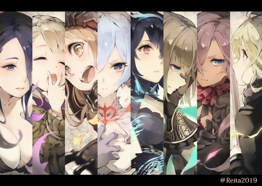 1boy 6+girls absurdres ahoge alice_(sinoalice) aqua_eyes artist_name black_hair blonde_hair blue_eyes breasts briar_rose_(sinoalice) brown_hair cinderella_(sinoalice) closed_eyes commentary_request dark_blue_hair eyebrows_visible_through_hair green_eyes green_hair gretel_(sinoalice) grey_eyes hair_over_one_eye hairband hand_on_own_face highres hood hood_up hoshizaki_reita huge_filesize kaguya_hime_(sinoalice) large_breasts lavender_hair letterboxed little_red_riding_hood_(sinoalice) long_hair looking_at_viewer looking_away multiple_girls orange_eyes pinocchio_(sinoalice) red_eyes short_hair sinoalice snow_white_(sinoalice) upper_teeth white_hair yawning