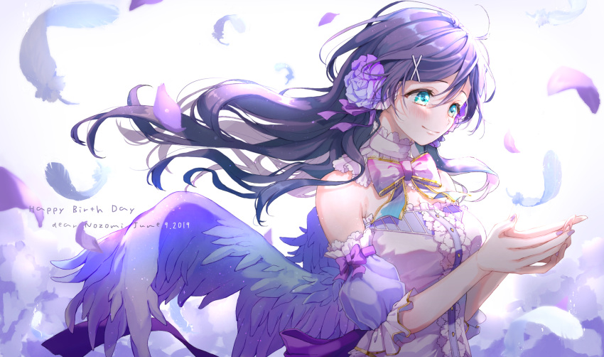 1girl aqua_eyes azuma_(no488888) back_bow blue_feathers blue_wings blush bow bowtie character_name commentary_request cupping_hands dated detached_collar detached_sleeves feathered_wings feathers flower frilled_sleeves frills hair_between_eyes hair_blowing hair_flower hair_ornament hair_ribbon happy_birthday highres long_hair love_live! love_live!_school_idol_project nail_polish petals purple_hair purple_nails purple_ribbon ribbon short_sleeves smile solo toujou_nozomi upper_body wings x_hair_ornament