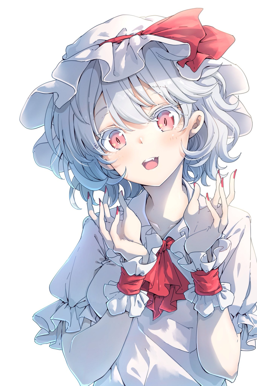 1girl :d ascot bangs blush breasts collarbone colored_eyelashes commentary_request darjeeling_(reley) dress eyebrows_visible_through_hair fang hair_between_eyes hands_up hat hat_ribbon head_tilt highres looking_at_viewer medium_breasts mob_cap open_mouth puffy_short_sleeves puffy_sleeves red_eyes red_neckwear red_ribbon remilia_scarlet revision ribbon short_hair short_sleeves sidelighting silver_hair simple_background smile solo touhou upper_body white_background white_dress white_headwear wrist_cuffs