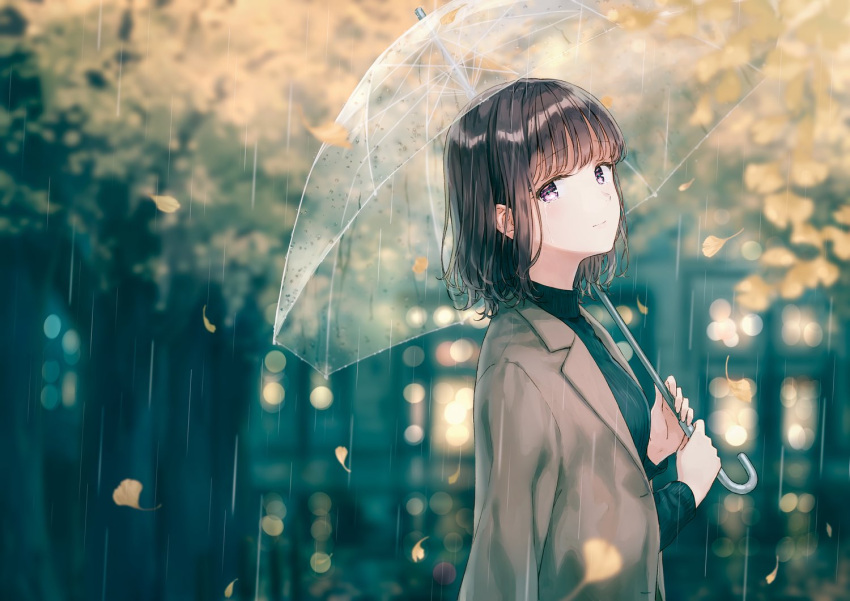 1girl black_hair black_sweater closed_mouth coat crying eyebrows_visible_through_hair eyelashes high_collar hiten_(hitenkei) holding holding_umbrella leaf long_sleeves looking_at_viewer maple_leaf open_clothes open_coat original rain short_hair sidelocks solo sweater tears transparent transparent_umbrella umbrella