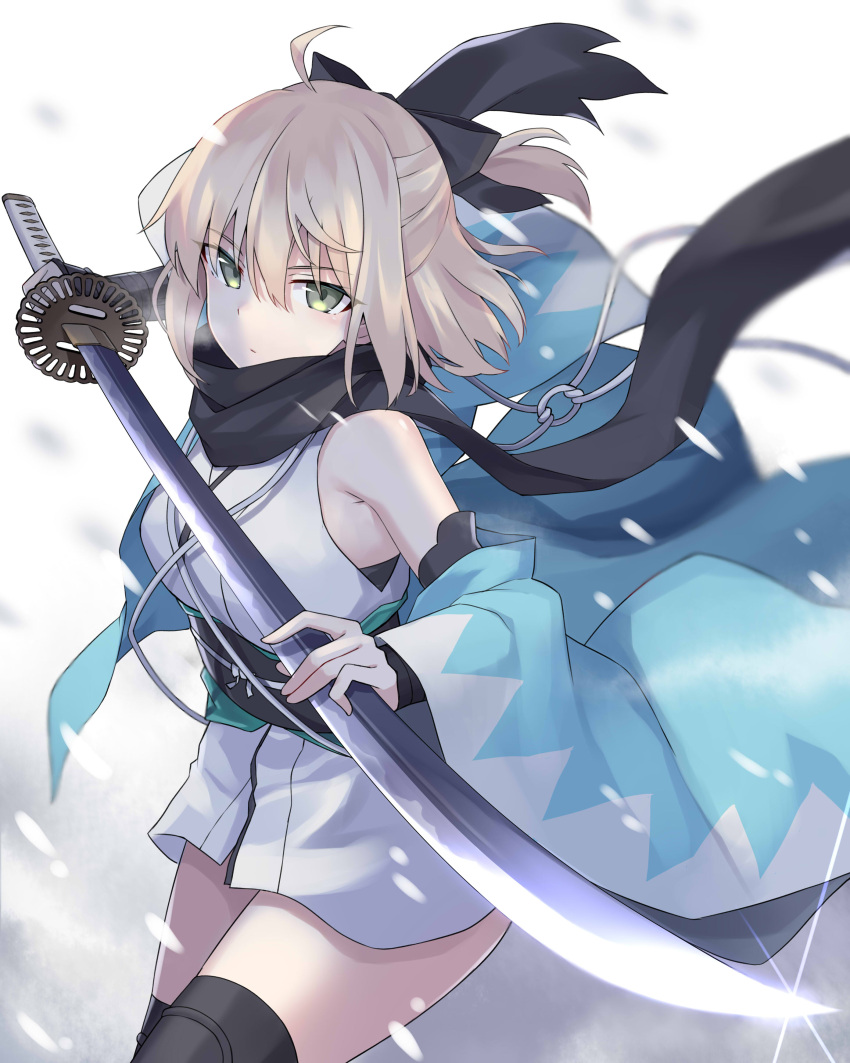 100 1girl absurdres ahoge bow fate/grand_order fate_(series) fighting_stance hair_bow haori highres holding holding_sword holding_weapon japanese_clothes katana obi off_shoulder okita_souji_(fate) okita_souji_(fate)_(all) sash scarf sword thigh-highs weapon