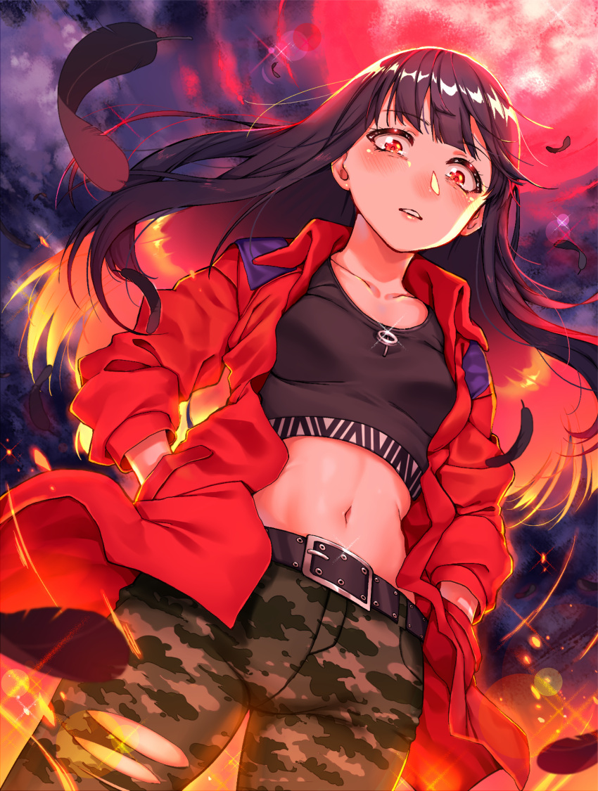 1girl absurdres belt black_feathers black_hair blush breasts camouflage camouflage_pants clouds glint hands_in_pockets highres huge_filesize jacket looking_at_viewer midriff moon navel outdoors pants parted_lips purple_sky red_eyes red_jacket red_moon small_breasts solo standing tokyo_7th_sisters torn_clothes yakimi_27