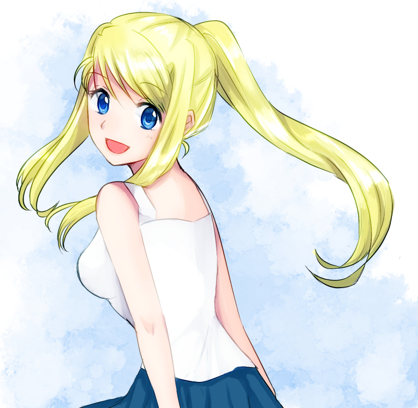 1girl :d bangs blonde_hair blue_eyes blue_skirt eyebrows_visible_through_hair floating_hair from_side fullmetal_alchemist highres long_hair looking_at_viewer machi_(xxx503r) open_mouth pleated_skirt shiny shiny_hair shirt sidelocks skirt sleeveless sleeveless_shirt smile solo swept_bangs upper_body very_long_hair white_shirt winry_rockbell