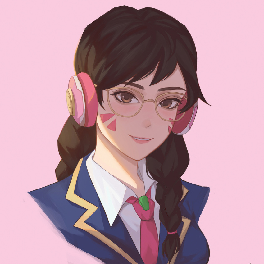 1girl academy_d.va alternate_costume alternate_hair_color alternate_hairstyle backlighting bangs bespectacled black_hair blazer braid close-up collared_shirt d.va_(overwatch) eyelashes face facepaint facial_mark glasses headphones highres jacket lips long_hair looking_at_viewer necktie overwatch parted_lips pink_lips pink_neckwear portrait school_uniform shiro-hane shirt simple_background smile solo twin_braids upper_body whisker_markings white_shirt