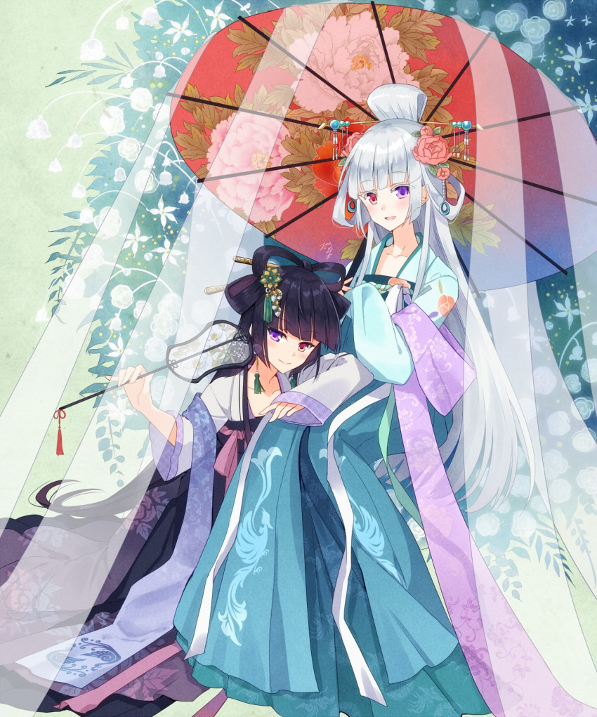 2girls :d bangs black_hair bow_by_hair chinese_clothes commentary_request floral_print flower hair_bun hair_flower hair_ornament hair_rings hair_stick hanfu heterochromia highres holding kanzashi long_hair long_sleeves looking_at_viewer multiple_girls nekozuki_yuki open_mouth oriental_umbrella original pink_flower print_umbrella red_eyes shawl sitting sleeves_past_wrists smile umbrella very_long_hair violet_eyes white_flower white_hair