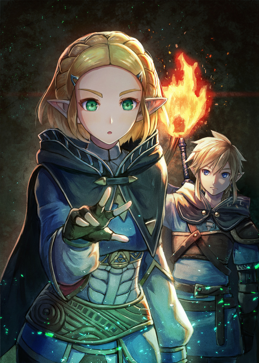 1boy 1girl armor bangs blonde_hair blue_eyes braid cape commentary_request crown_braid earrings fire gloves hair_ornament hairclip highres jewelry kuroi_susumu link long_hair open_mouth parted_bangs pointy_ears ponytail princess_zelda short_hair the_legend_of_zelda the_legend_of_zelda:_breath_of_the_wild_2 thick_eyebrows upper_body upper_teeth
