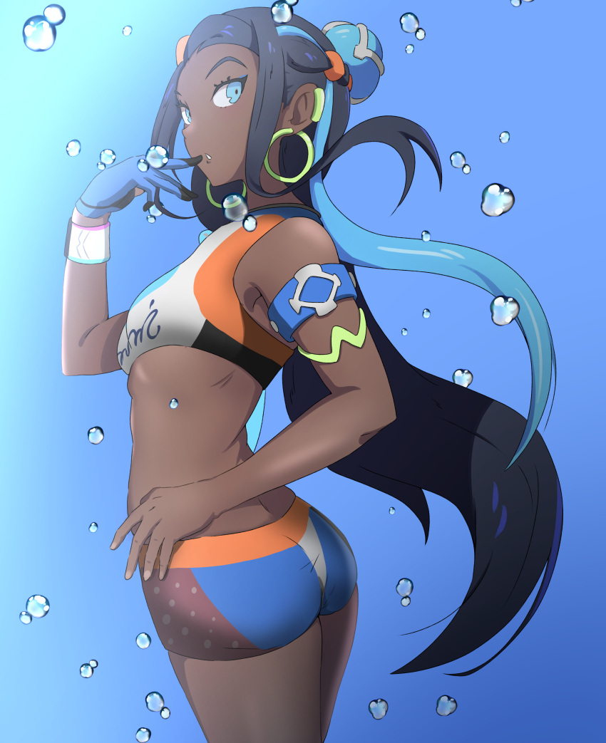 1girl absurdres ameneshi armlet ass bare_shoulders black_hair blue_background blue_eyes blue_hair breasts dark_skin earrings eyeliner gloves gradient gradient_background hair_bun highres hoop_earrings jewelry long_hair looking_at_viewer makeup necklace partly_fingerless_gloves pokemon pokemon_(game) pokemon_swsh ponytail rurina_(pokemon) shorts single_glove small_breasts solo sports_bra sportswear thighs